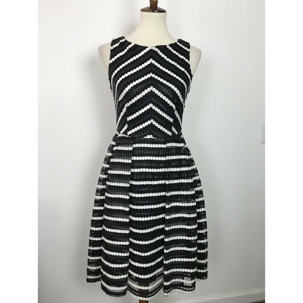 Eva by Eva Franco Fit Flare Dress Textured Striped Vegan Leather Party Old Money